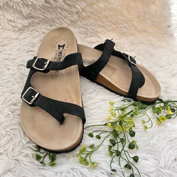 Mephisto open Toe Strappy Buckle Slide‎ Cork Sandals Black Suede sz 36 /US 6 NEW - Picture 1 of 8
